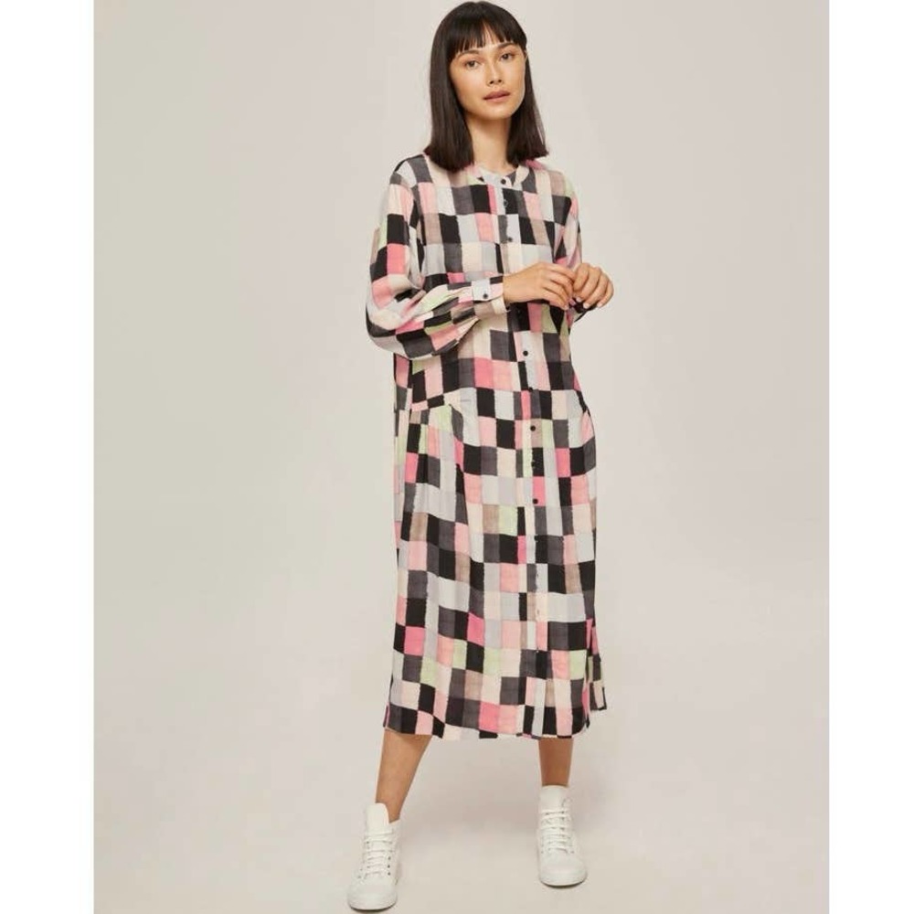 Kin Patchwork Print Kimono Sleeve Shirt Dress Lagenlook Relaxed Comfortable
